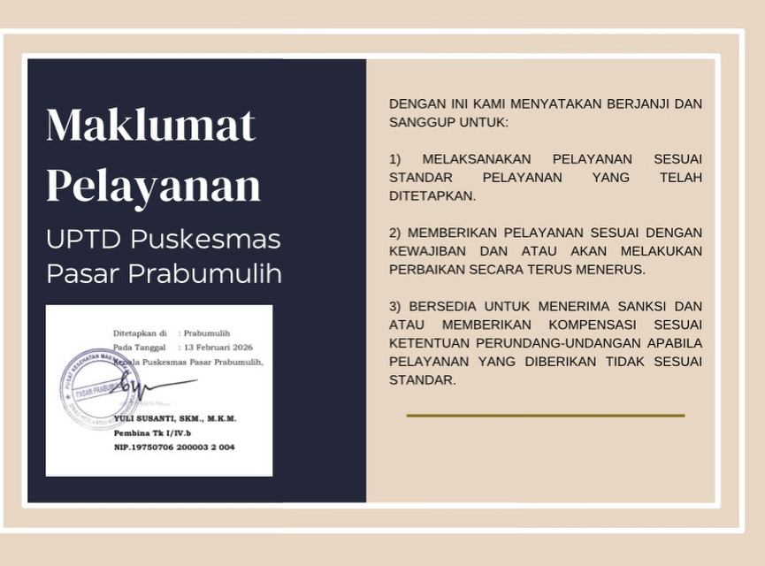 Maklumat Pelayanan  UPTD Puskesmas Pasar Prabumulih Tahun 2026